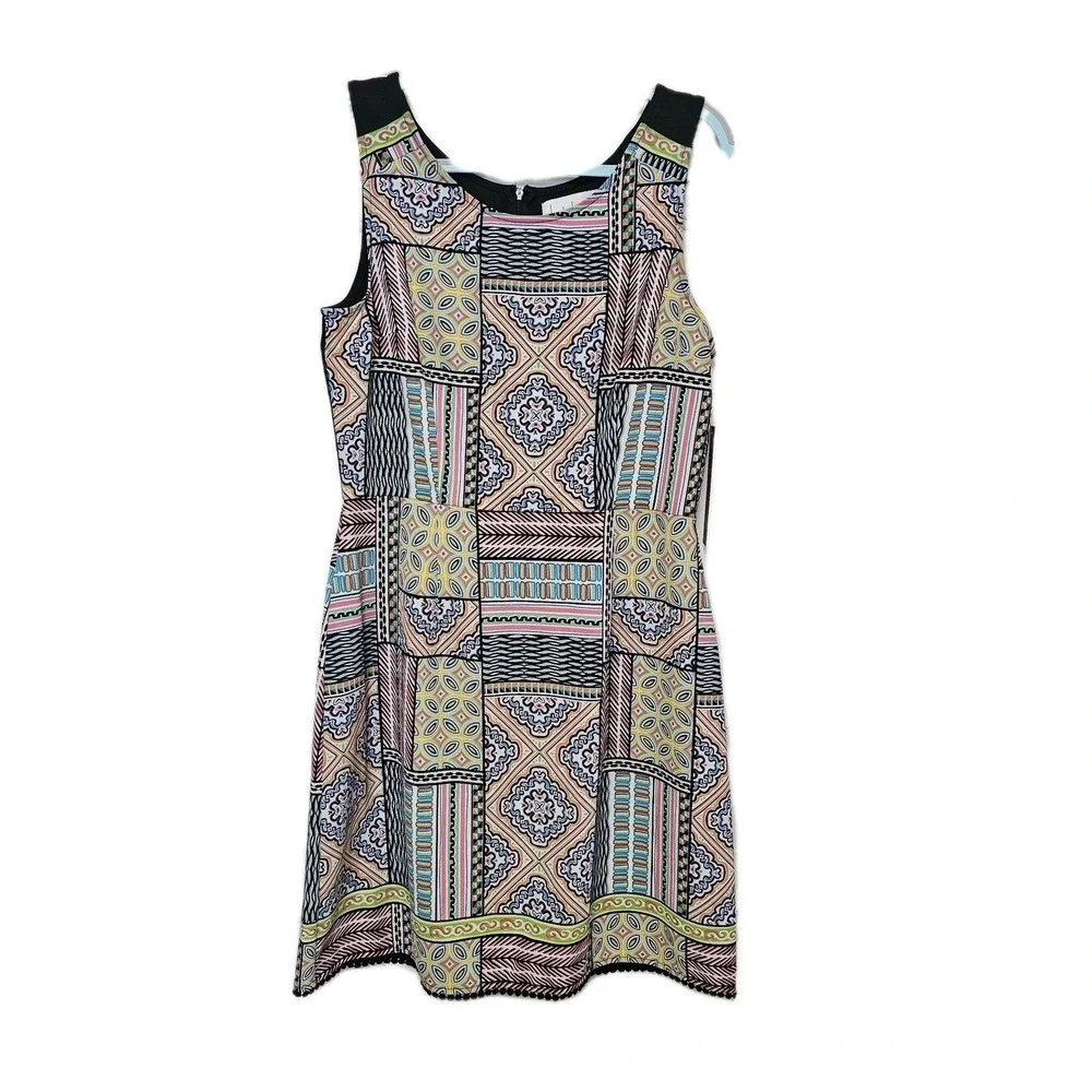 NWT Nicole Miller Dress Size 12 Sleeveless Colorful Geometric Print Zip Back